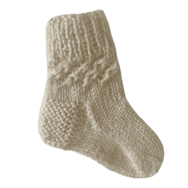 Hand Knit Baby Wool Socks White - Pattern 0 – 3 months