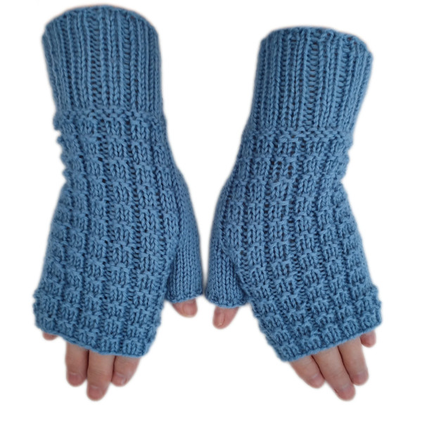 Hand Knit Women Fingerless Wool Gloves Denim Blue