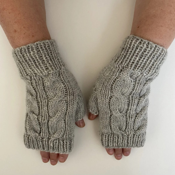 Hand Knit Women Fingerless Wool Gloves Pearl Grey