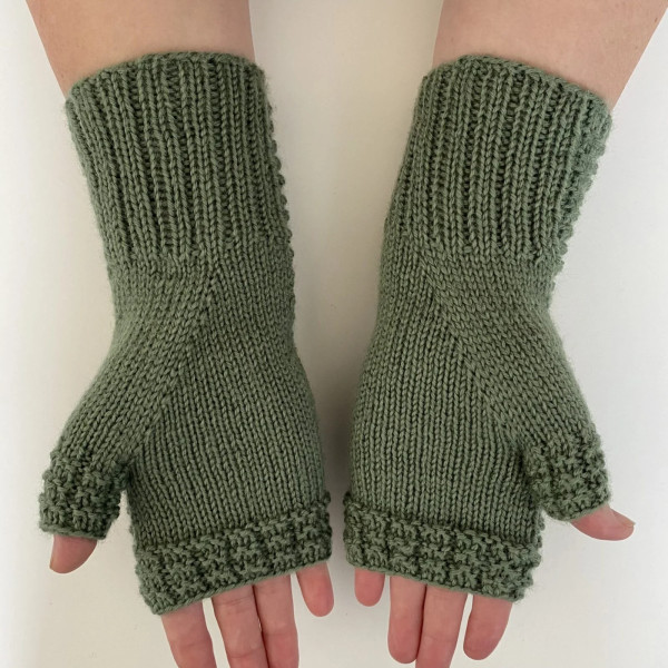 Hand Knit Women Fingerless Wool Gloves Laurel Green